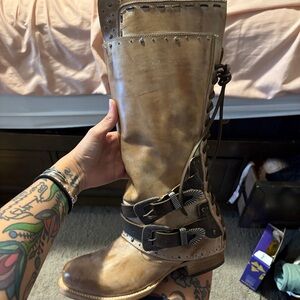 Brown Leather Knee-High Boots with Buckles